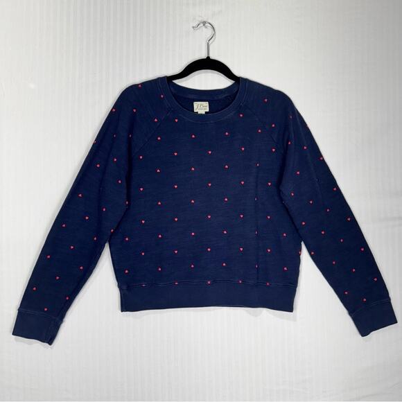 J. Crew Vintage Cotton Terry Pullover Navy Blue Crewneck Sweater Red Heart Small - Picture 1 of 5